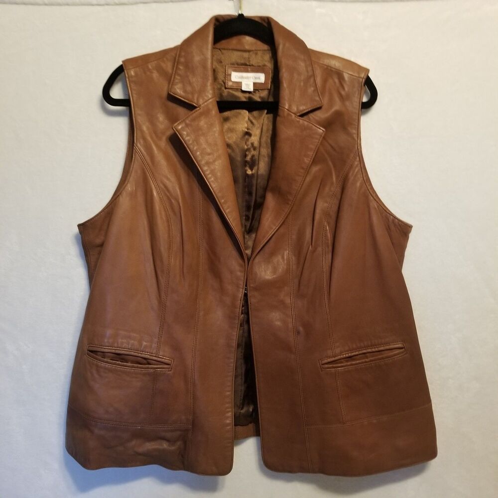 Coldwater Creek 1X Vest Leather Brown Lined Western Classic Preppy Layering